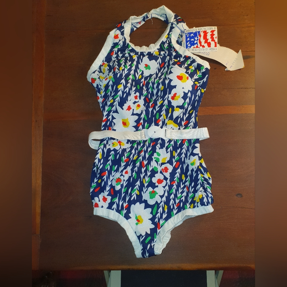 Vintage 70s Navy Floral One-Piece Swimsuit with White Trim